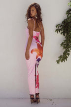 Square Neck Spaghetti Strap Oversized Lily Floral Placement Print Bodycon Maxi Dress