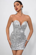 Sweetheart V-Notch Strapless Sequin Bodycon Mini Dress
