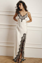 Satin Lace Trim Spaghetti Strap Deep V-Neck High Split Maxi Slip Dress