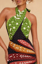 Multi-colored Fish Print Halter Neck Backless Printed Fitted Vacation Maxi Dress