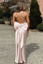 Deep V Spaghetti Strap Oversized Back Bow Satin Maxi Dress