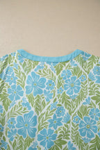 Floral Print Ruffled Color Block Trim Half Sleeve Blouse