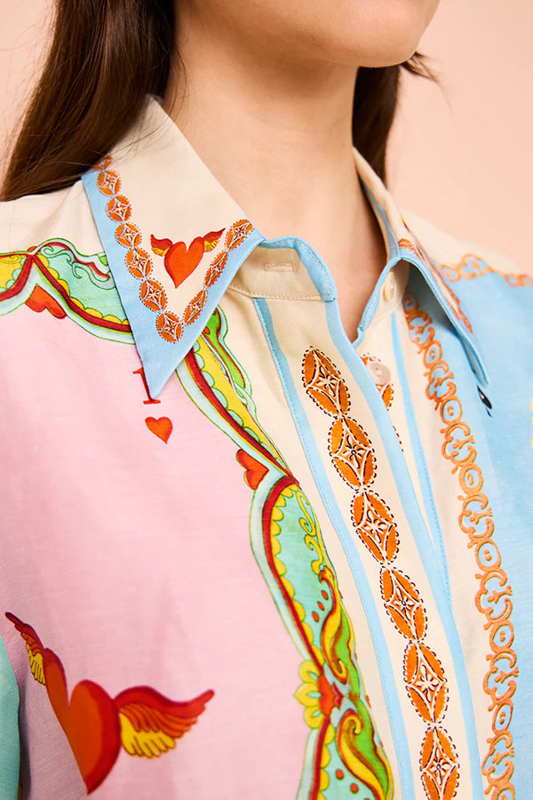 Linen Blend Unique Printed Short Sleeved Pocket Tie Waist Mini Dress(One Size UP)