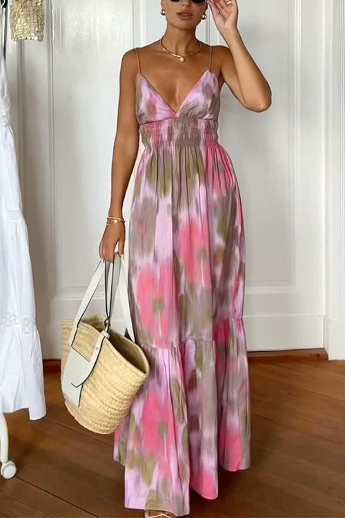 V Neck Open Back High Waist Tie Dye Maxi Vacation Dress