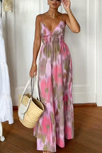 V Neck Open Back High Waist Tie Dye Maxi Vacation Dress