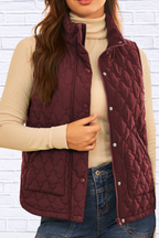 Burgundy Quilted Snap Down Zip Up Vest Coat _ Women__ Lightweight Warm Outerwear for Fall & Winter