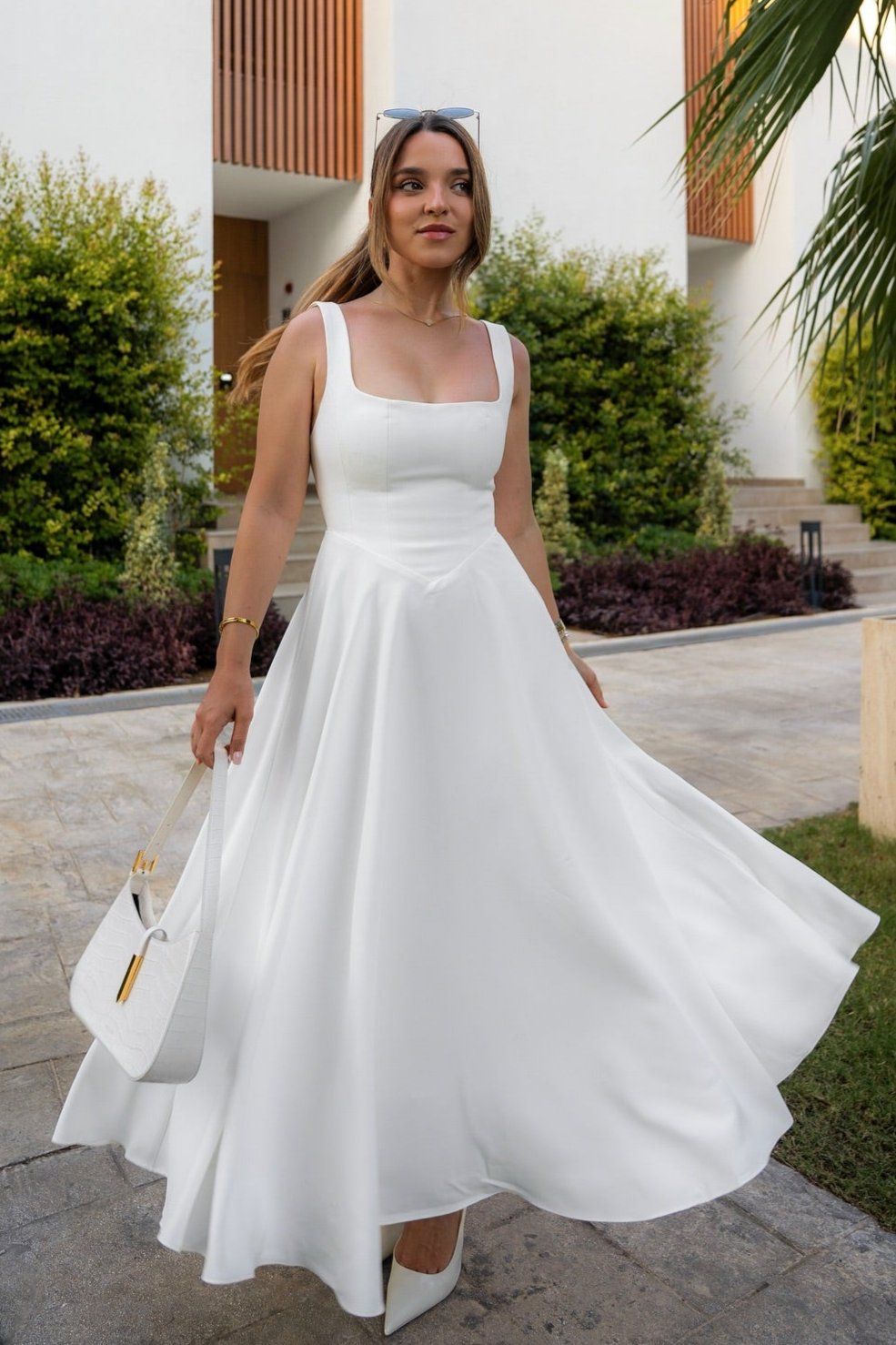 Square Neck Tank Strap Full Box Pleated Fit and Flare Midi Dress