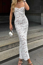 Floral Lace Corset Bustier Spaghetti Strap Column Maxi Dress