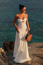 Strapless Sweetheart Neck Twist Cutout Ruched Drop Waist Maxi Dress