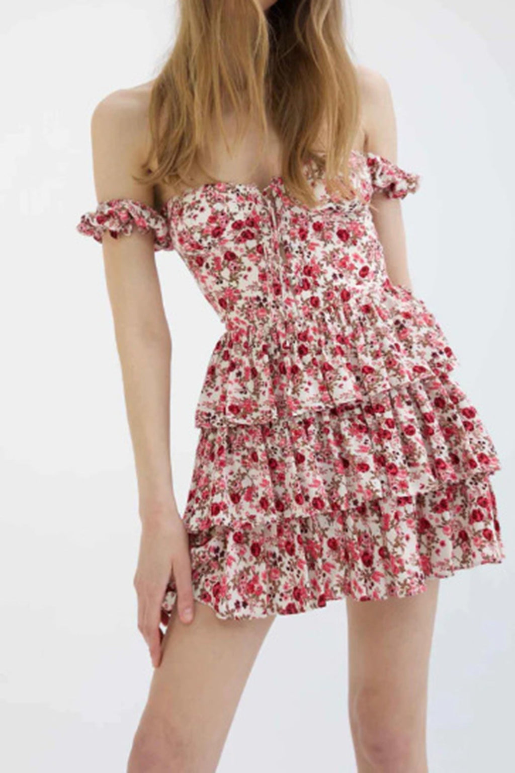 Floral Print Off Shoulder Lace Up Corset Tiered Ruffle Mini Dress