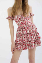 Floral Print Off Shoulder Lace Up Corset Tiered Ruffle Mini Dress