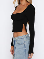 Square Neck Long Sleeve Slit Long Sleeve Tee