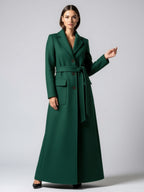 Belted Full Length Maxi Woolen Coat With Lapel And Big Pockets For Women 2026