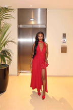 Sequin Deep V-Neck Halter Choker High Split Maxi Gown