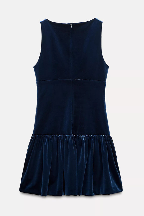 Velvet Bow Trim Drop Waist Gathered Pleated Mini Dress