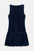Velvet Bow Trim Drop Waist Gathered Pleated Mini Dress