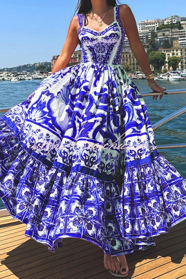 Tile Print Corset Bodice Tiered Ruffle Maxi Dress