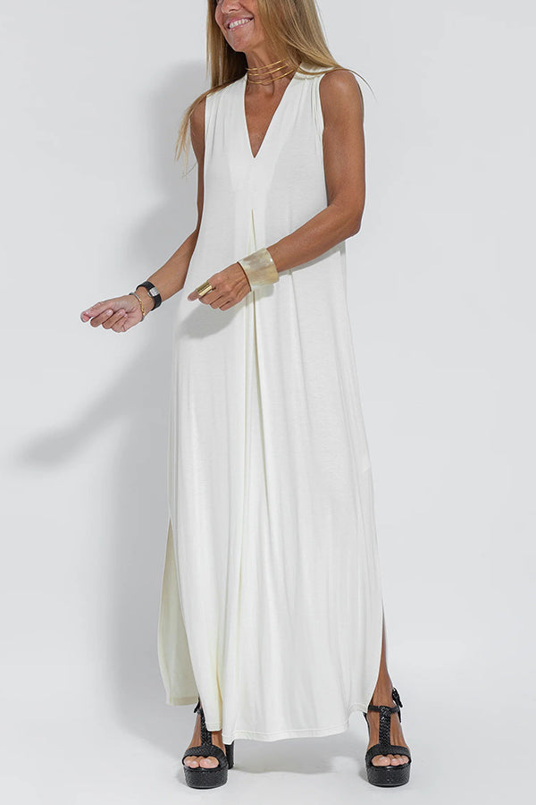 Deep V-Neck Center Pleat Sleeveless Flowy Maxi Dress