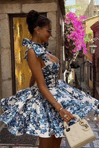 Sweetheart Neck Bow Tie Strap Floral Corset Bodice Fit and Flare Mini Dress