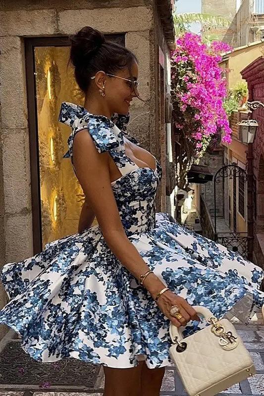 Sweetheart Neck Bow Tie Strap Floral Corset Bodice Fit and Flare Mini Dress