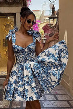 Sweetheart Neck Bow Tie Strap Floral Corset Bodice Fit and Flare Mini Dress