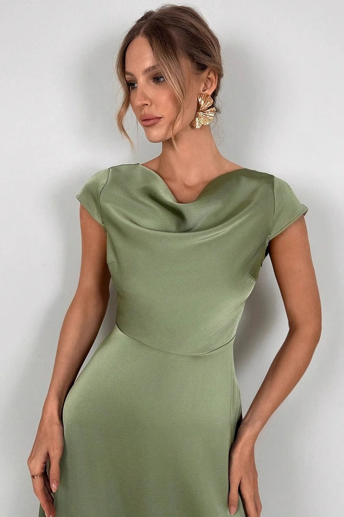 Satin Cowl Neck Cap Sleeve Waist Seam Midi Dress