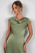 Satin Cowl Neck Cap Sleeve Waist Seam Midi Dress