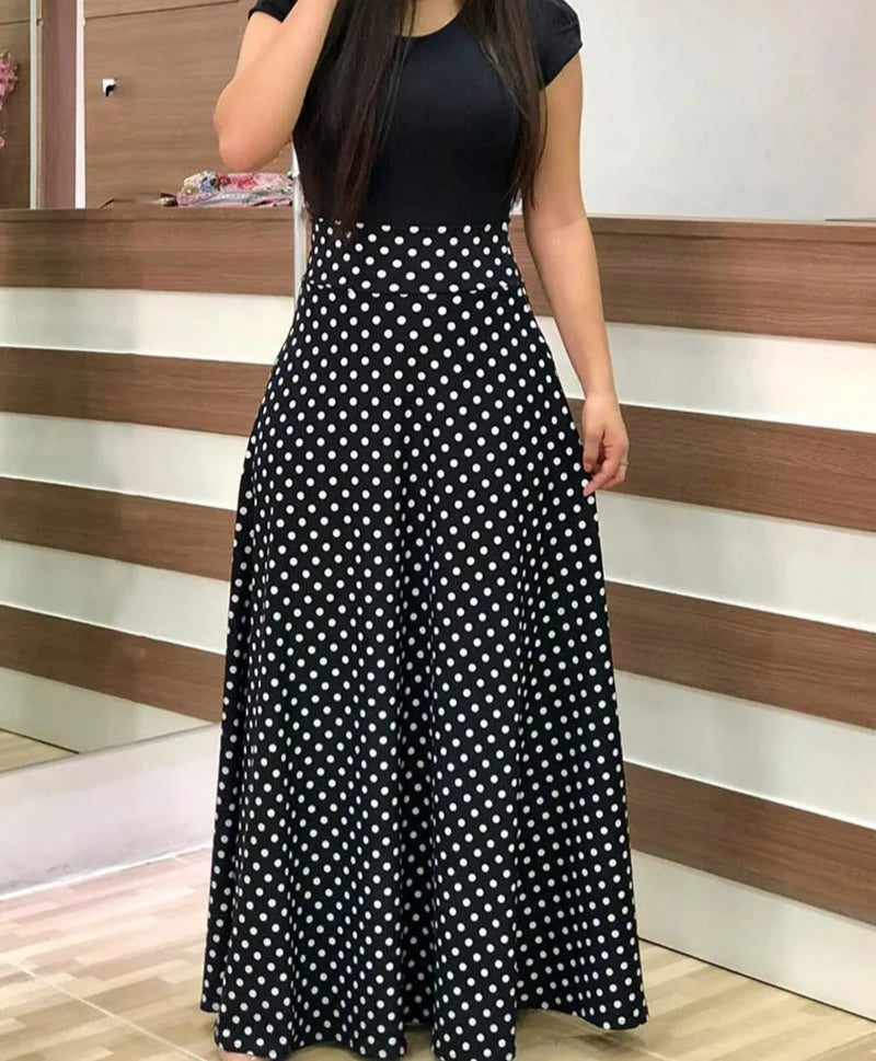 Polka Dot High-Waist Short Sleeve Fit and Flare Maxi Dress