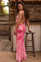 Halter Neck Backless Tropical Floral Print Side Slit Maxi Dress