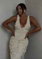 Plunging Neck 3D Petal Applique Bodycon Midi Dress
