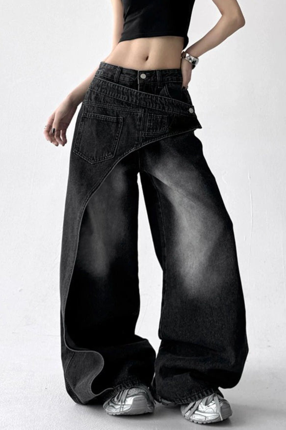 Asymmetric Panel Patchwork Wide Leg High Waist Jeans