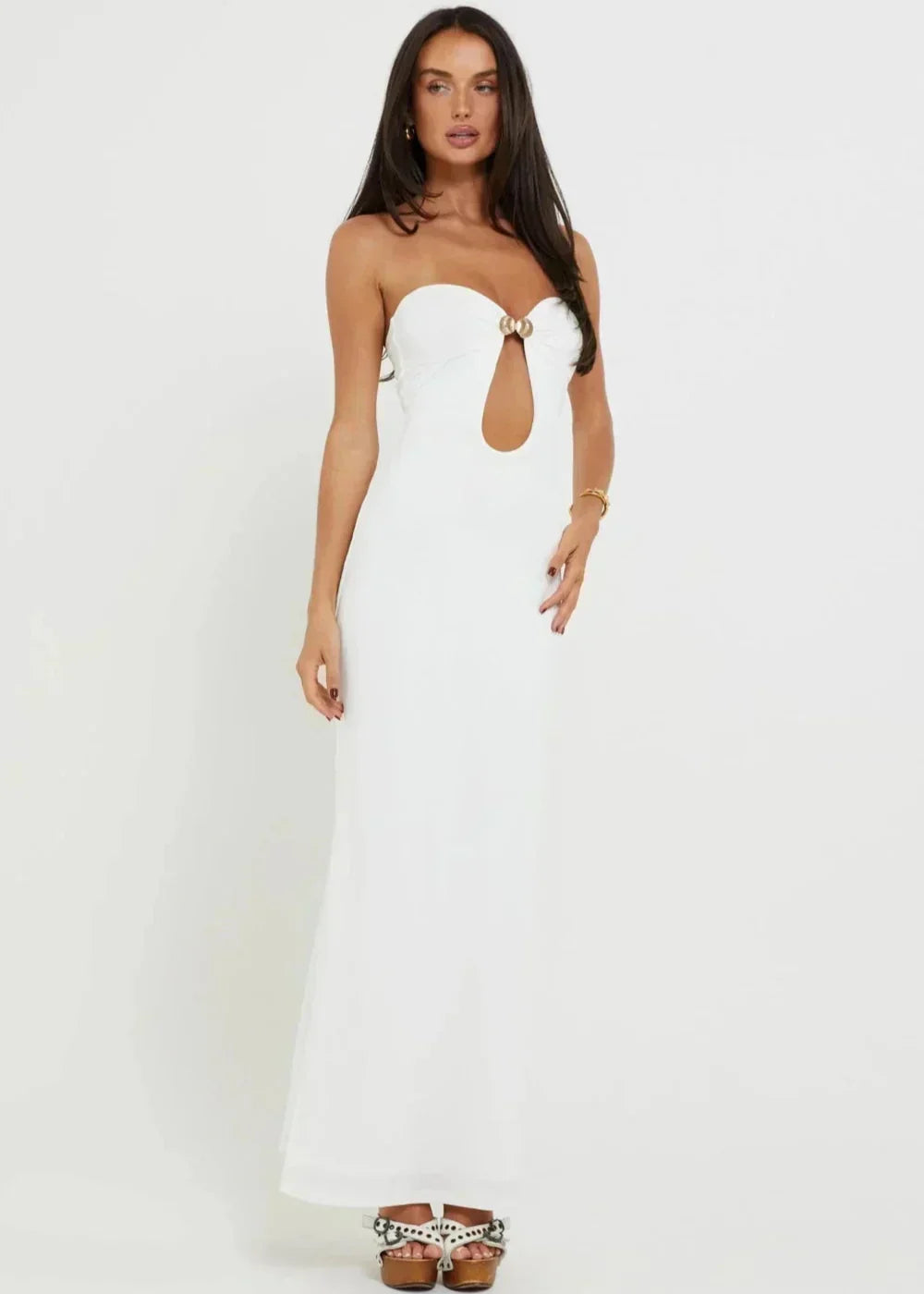 Strapless Metal Hardware Front Cut Out Bodycon Maxi Dress