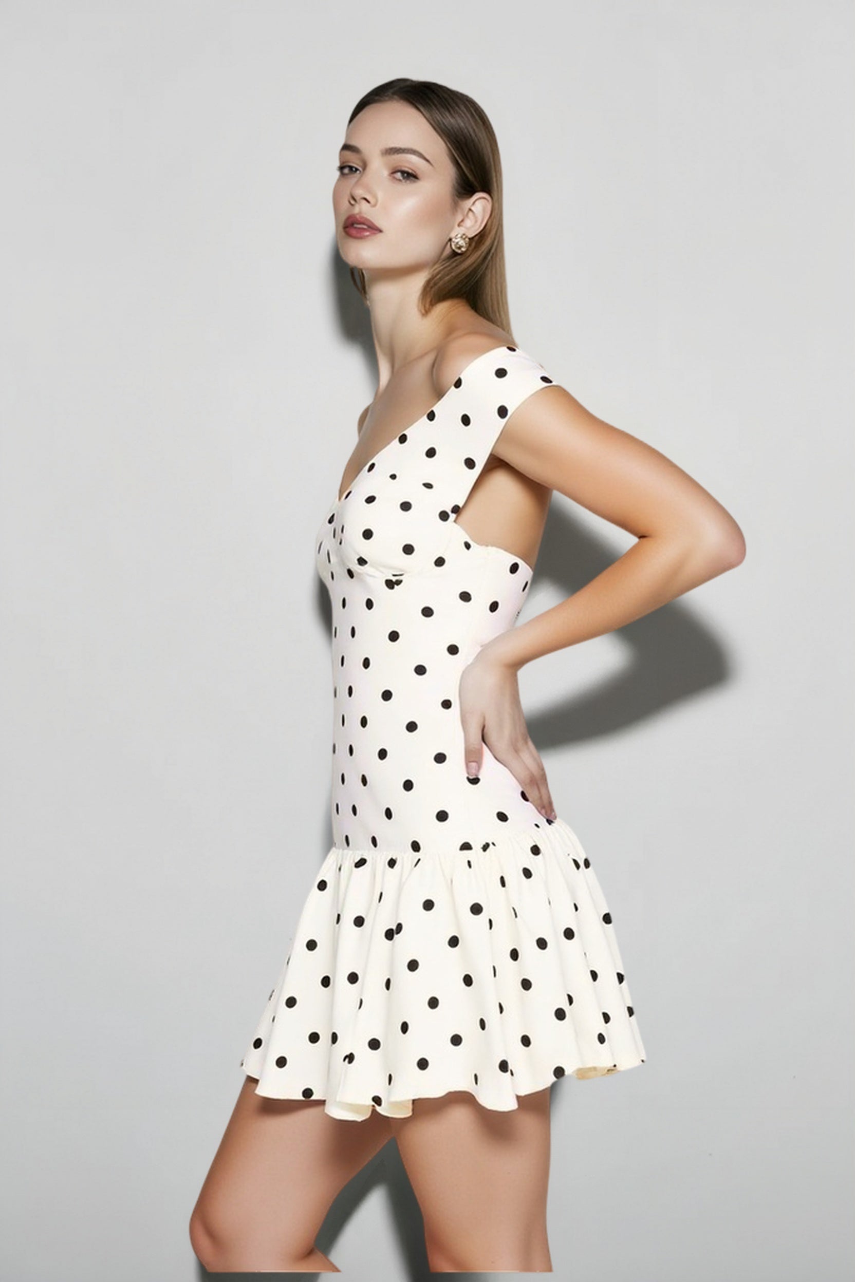 Off Shoulder Sweetheart Ruched Polka Dot Peplum Mini Dress