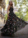 Flower Embroidered Women Maxi Dress - Black V-Neck Tulle Gown - Spring Evening Prom 2026