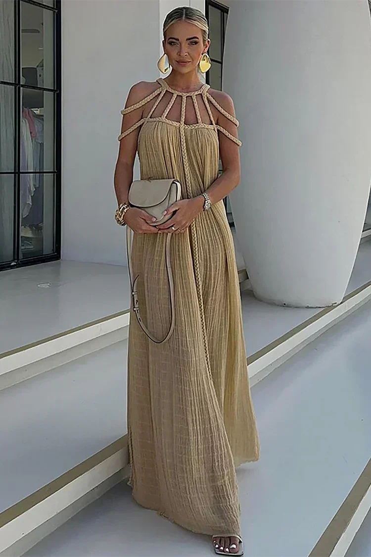 Pleated Plisse Braided Rope Halter Cage Neck Maxi Dress