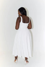 Square Neck Tank Strap Full Box Pleated Fit and Flare Midi Dress