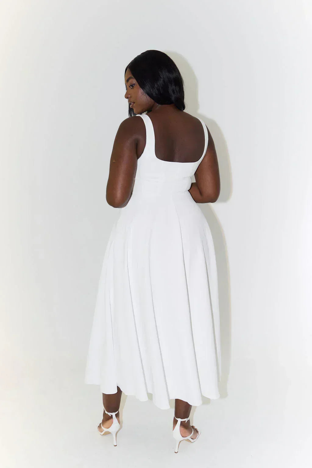Square Neck Tank Strap Full Box Pleated Fit and Flare Midi Dress