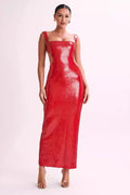 Sequin Square Neck Wide Strap Waist Cut Out Bodycon Maxi Gown