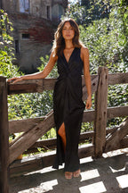 Satin Deep V-Neck Twist Front Draped Front Slit Maxi Dress
