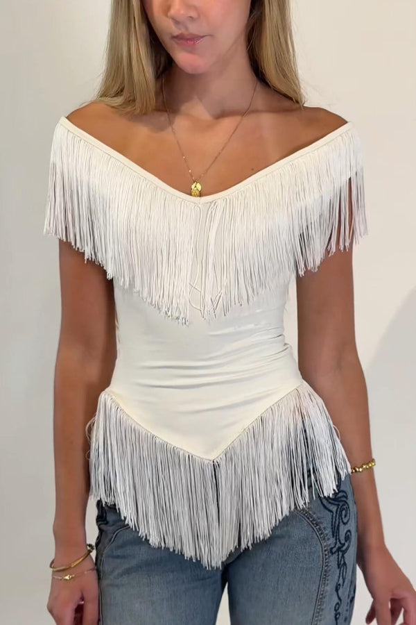 Solid Color V-neck Off-shoulder Tassel Fitted Top
