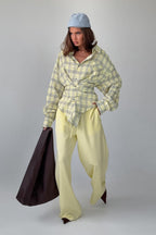 Color-block Plaid Belted Long Sleeve Blouse