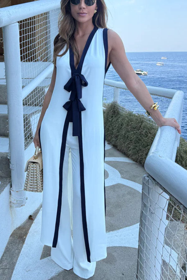 Beach Day Colorblock Bow Detail Slit Midi Top and Elastic Waist Loose Pants Set