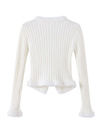 Solid V Neck Fuzzy Trim Slim Ribbed Knit Cardigan