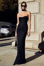 Strapless Sweetheart Lurex Ruched Sunburst Knot Hip Mermaid Maxi Gown