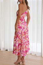 Abstract Floral Print One Shoulder Ruched Mermaid Hem Midi Dress