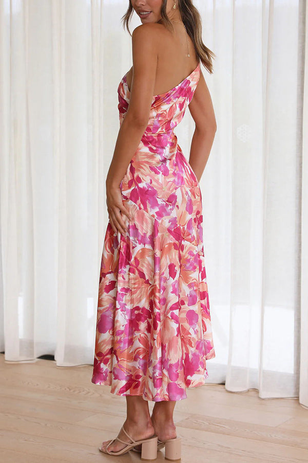 Abstract Floral Print One Shoulder Ruched Mermaid Hem Midi Dress