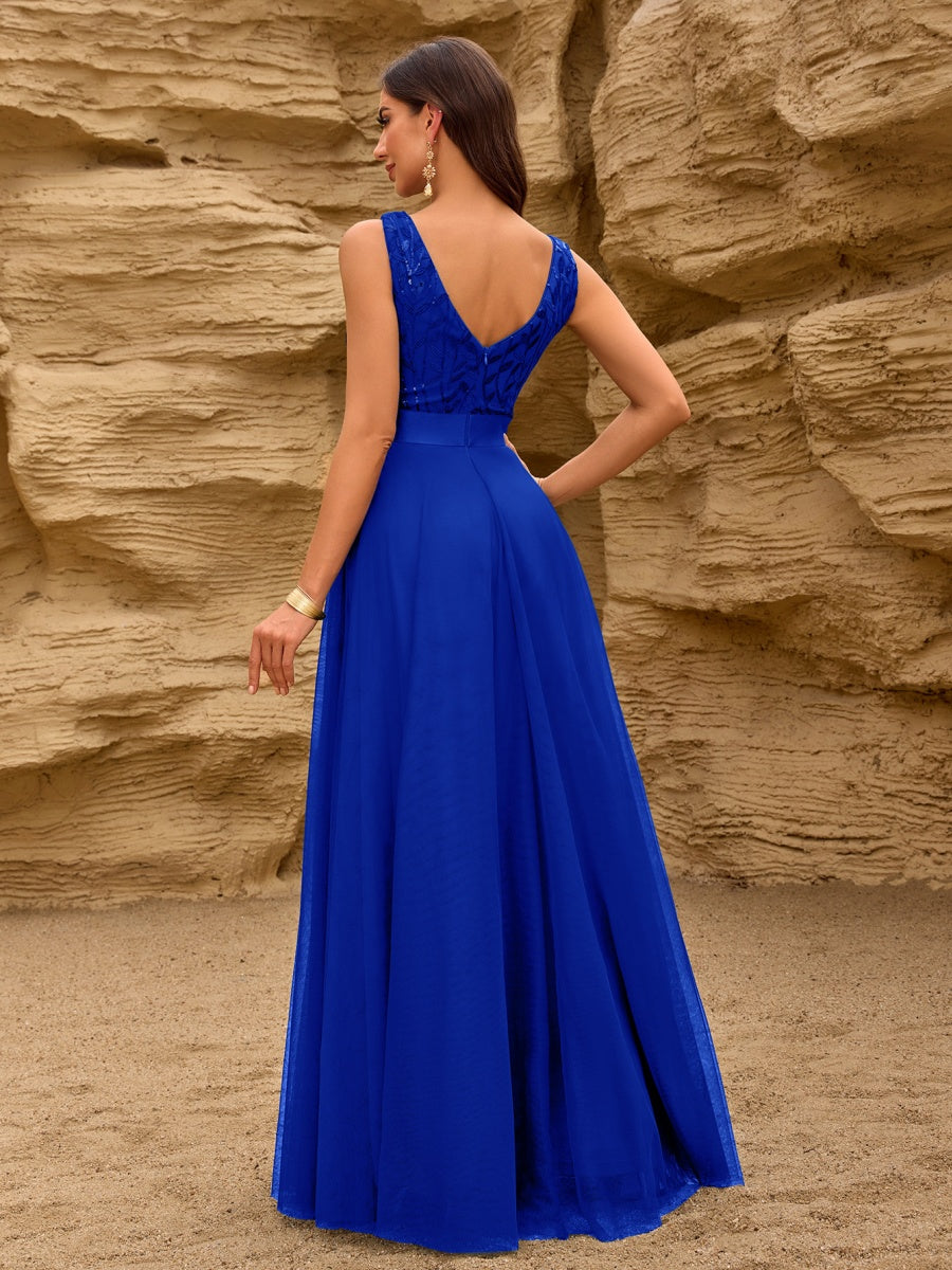 V-neck Embroidery Sequins Elegant Gauze Formal Dress Maxi Dresses