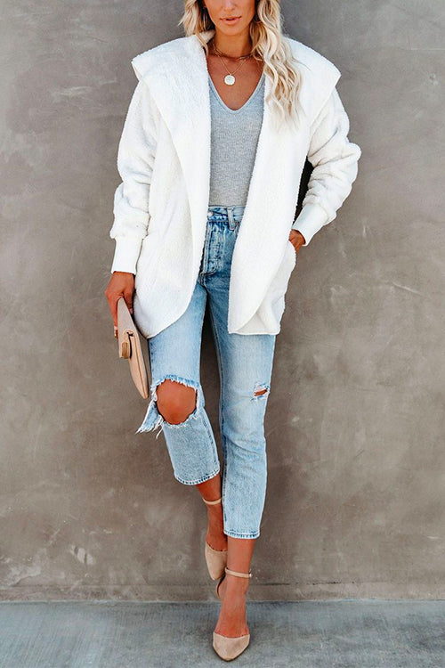 Open Front Hoodied Fuzzy Outwear with Pockets