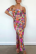 Off Shoulder Side Split Ruched Floral Bodycon Maxi Dress