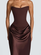 Satin Tie Ribbon Off-shoulder Sexy Strapless Bodycon Maxi Dress With Cinched Waist